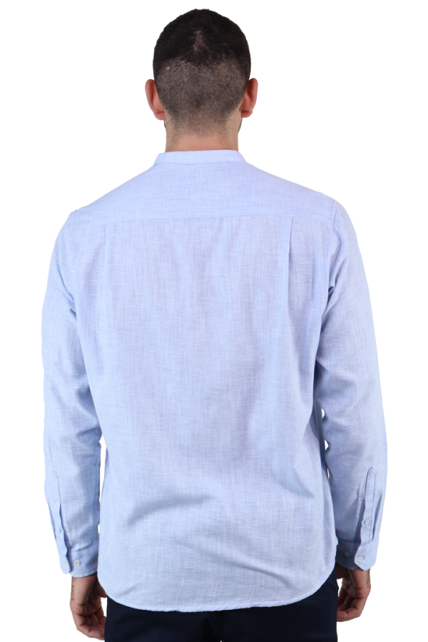 Camisa Manga Larga Azul Slim Fit Cuello Mao Textura Lino Para Hombre
